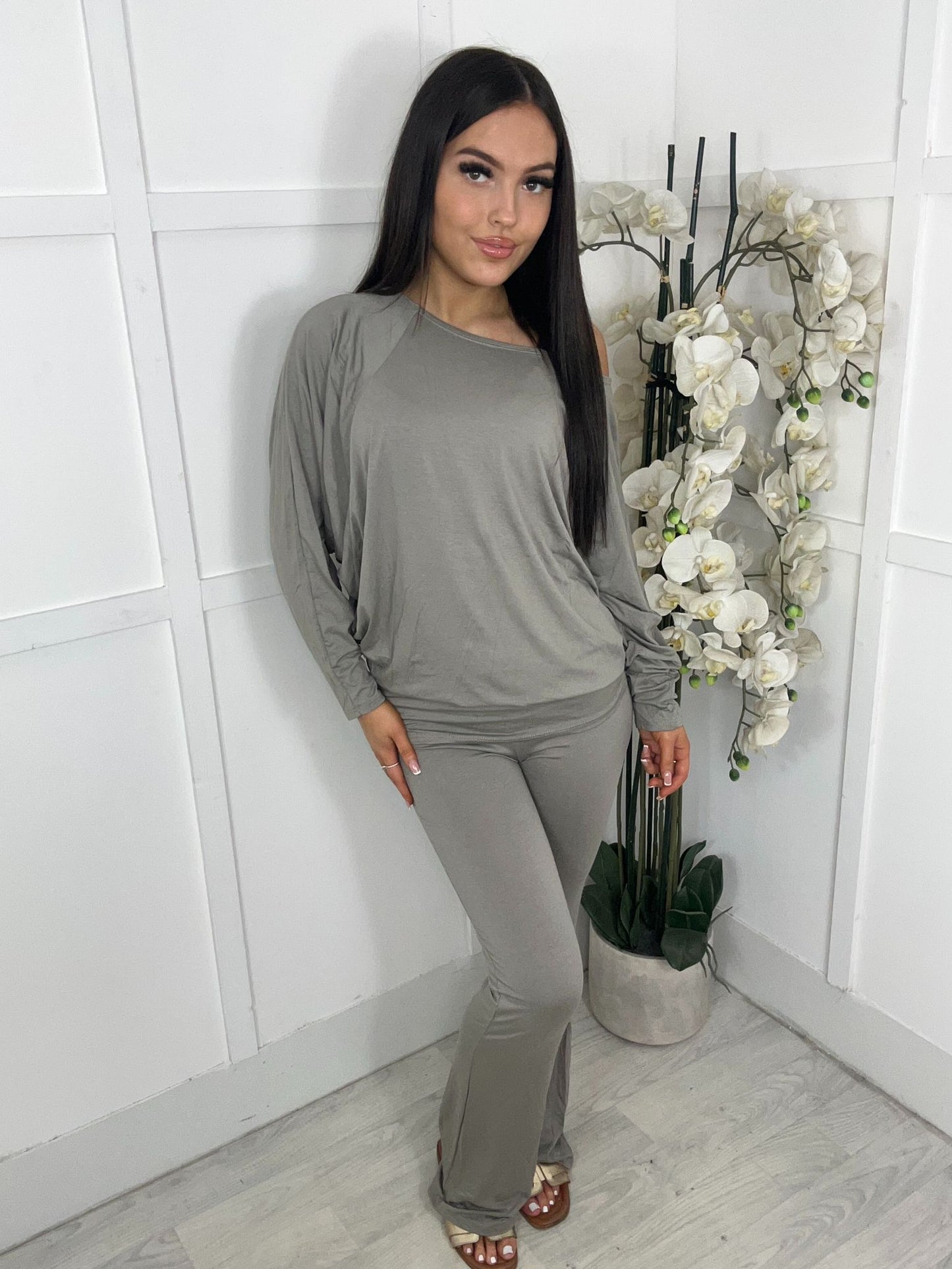 OFF SHOULDER TOP AND WIDE LEG TROUSER SET