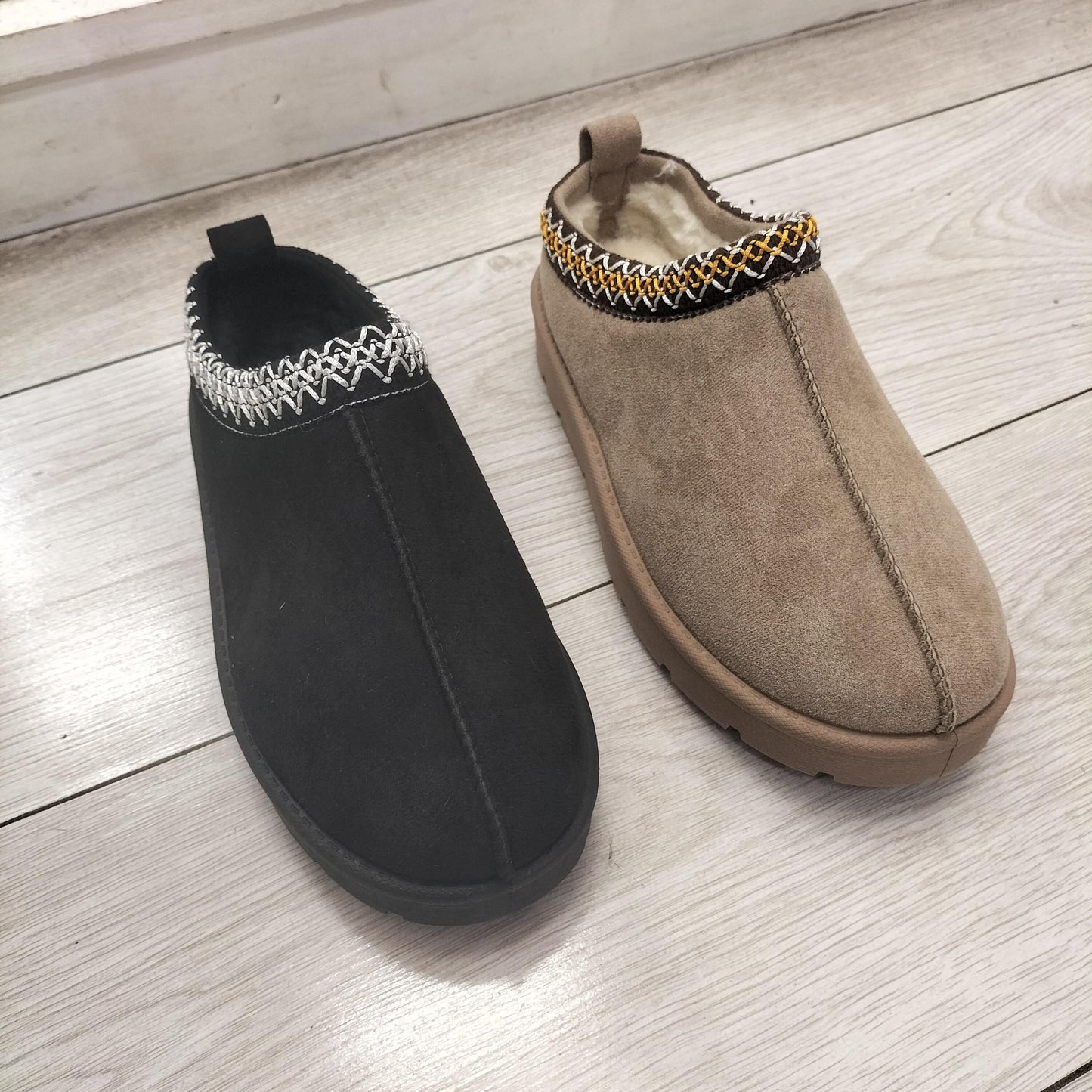 BEIGE FAUX SUEDE EMBROIDERED COZY FLUFFY SLIPPERS BOOTS
