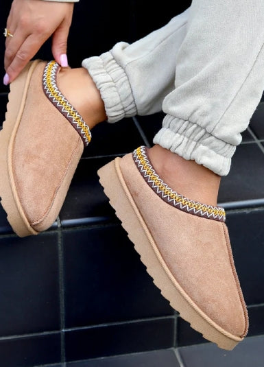 BEIGE FAUX SUEDE EMBROIDERED COZY FLUFFY SLIPPERS BOOTS