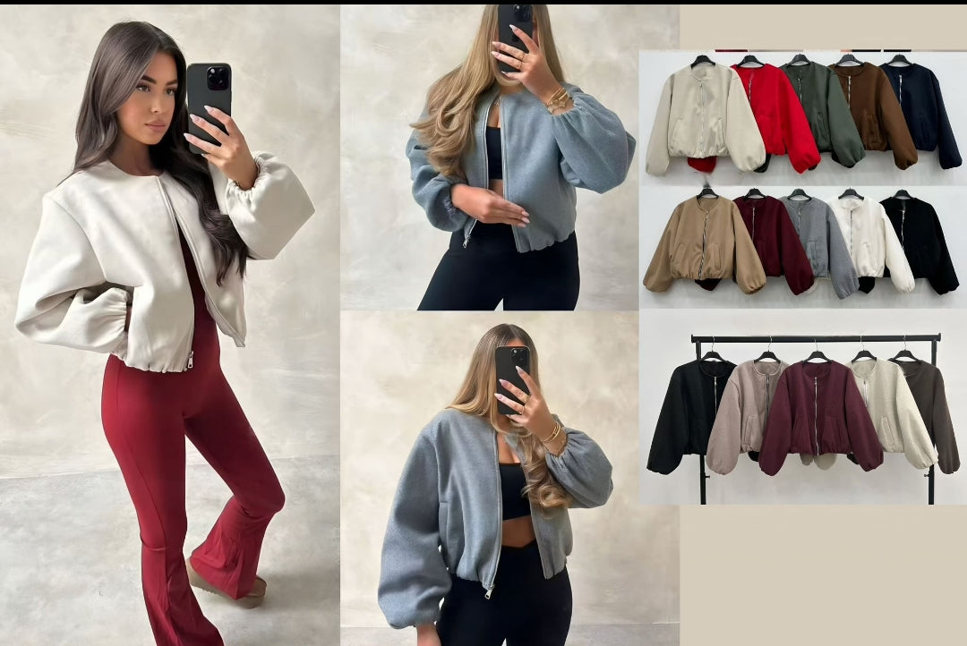 ZIP BOMBER JACKET LADIES LONG BALLON PUFF SLEEVE
