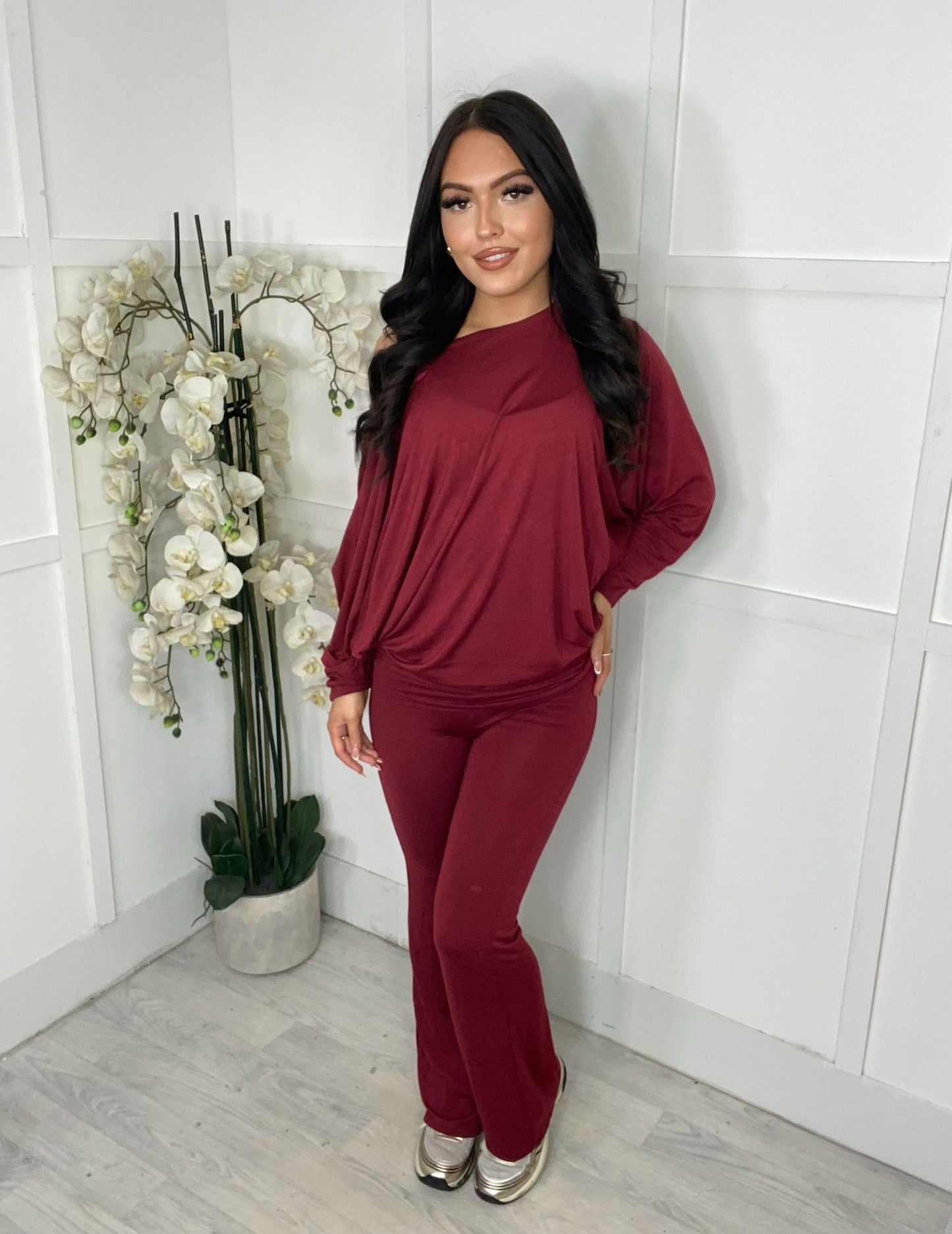 OFF SHOULDER TOP AND WIDE LEG TROUSER SET