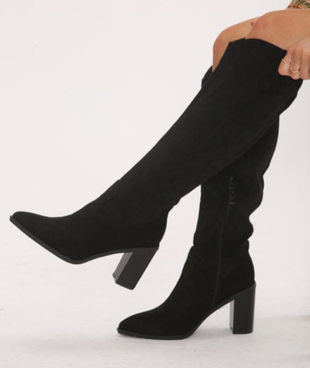 Knee High Black Suede Cowboy Block Heel Boot