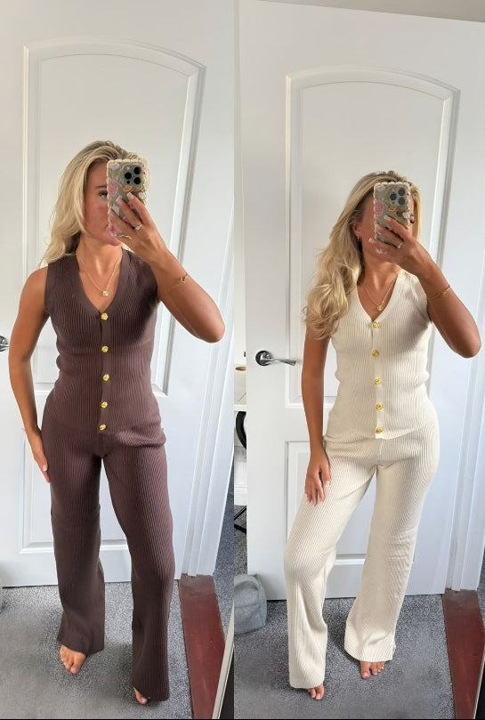 SLEEVELESS GOLD BUTTON TOP WITH WIDE LEG TROUSER LOUNGE SET