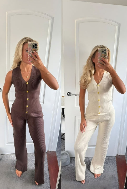 SLEEVELESS GOLD BUTTON TOP WITH WIDE LEG TROUSER LOUNGE SET
